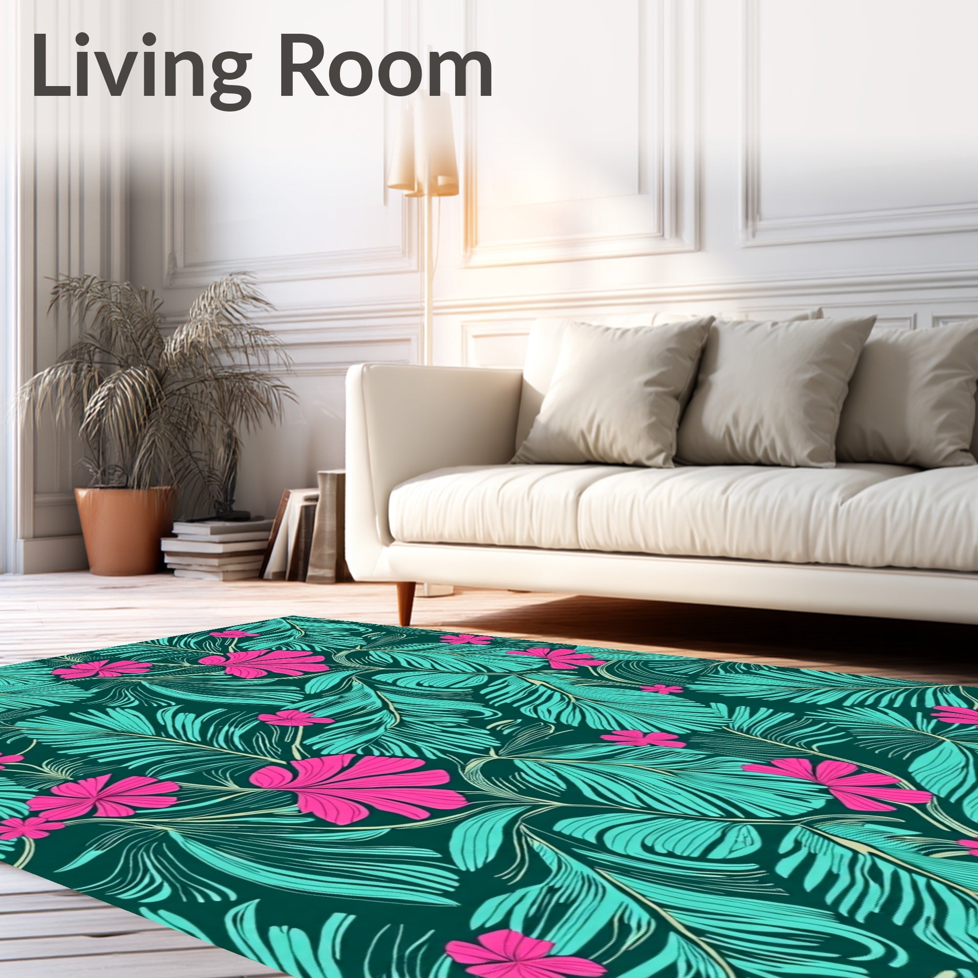 Vibrant Teal Pink Tropical Leaf Bloom Rug