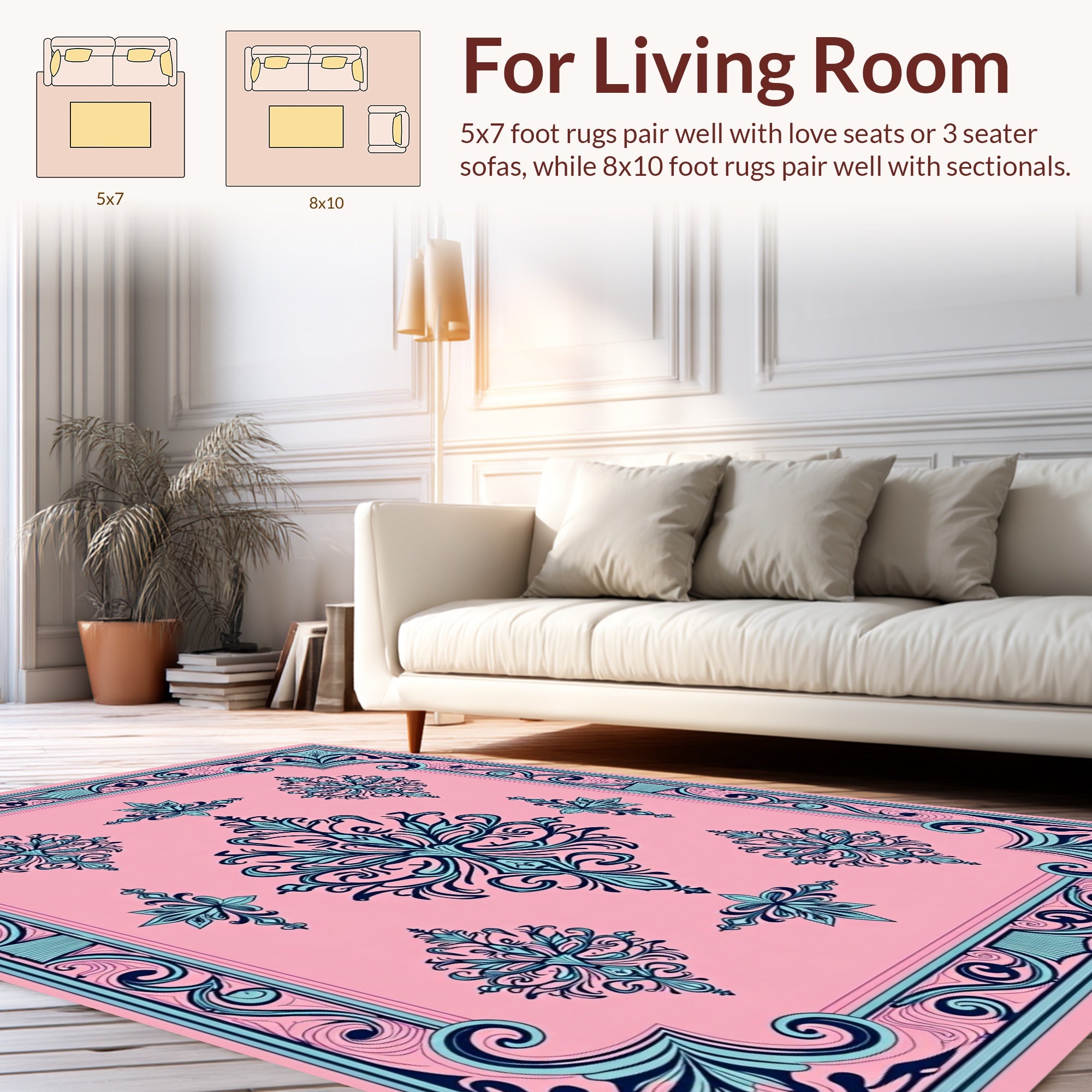 Elegant Pink Blue Floral Scroll Pattern Rug