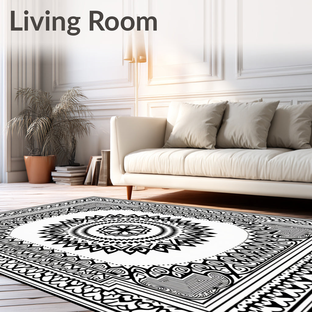 Intricate Black White Mandala Design Rug