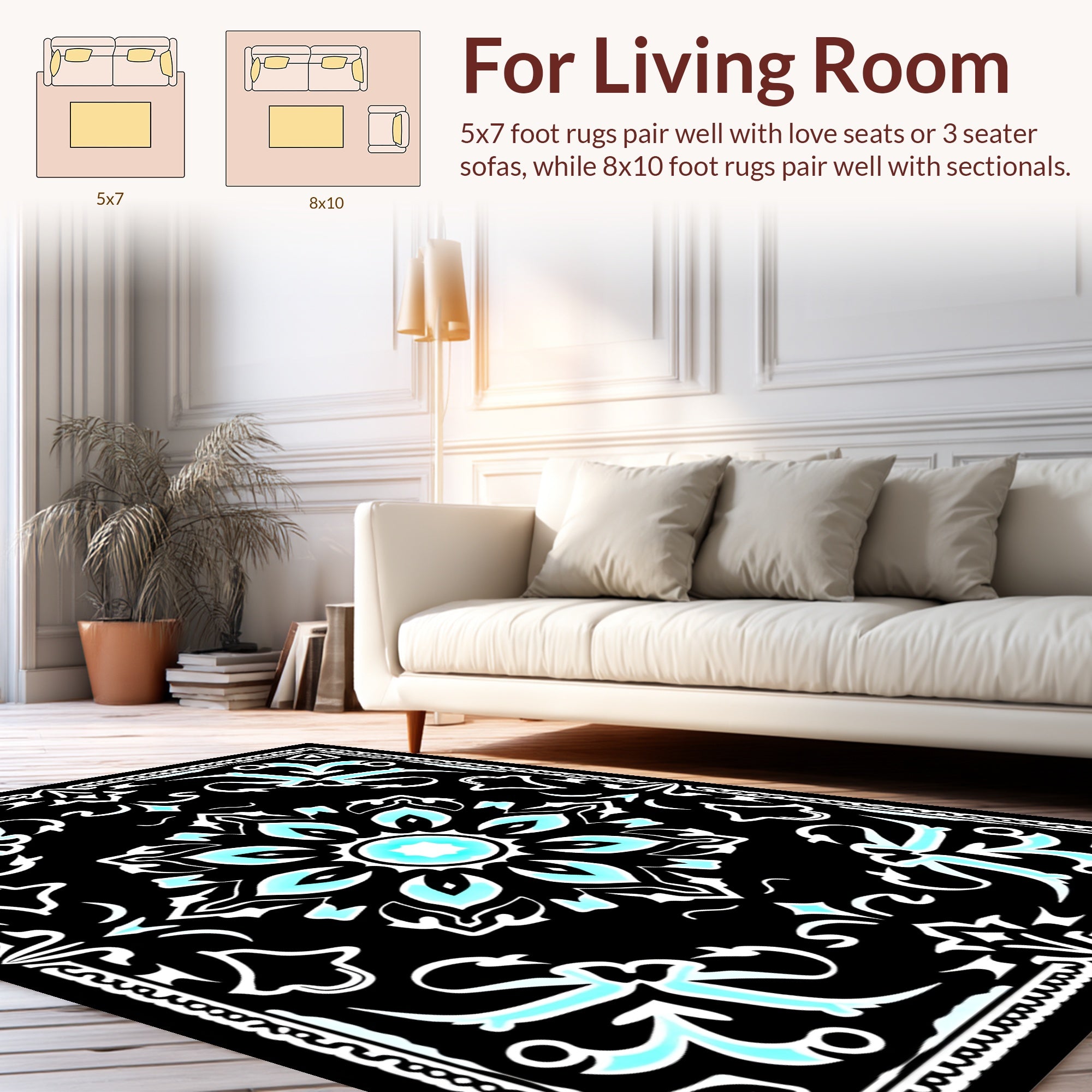 Black Teal Mandala Pattern Rug