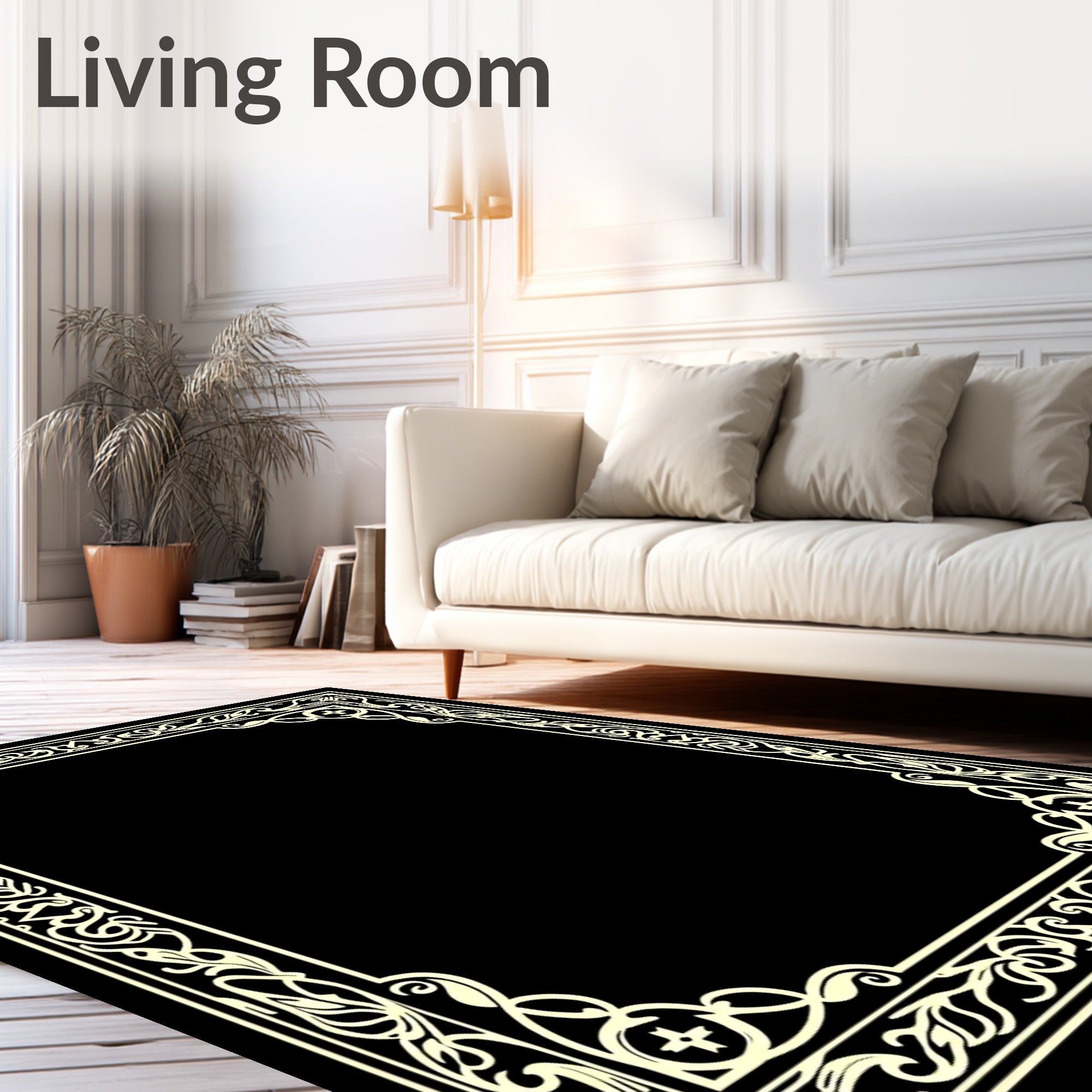 Ornate Cream Floral Scrollwork Border Rug