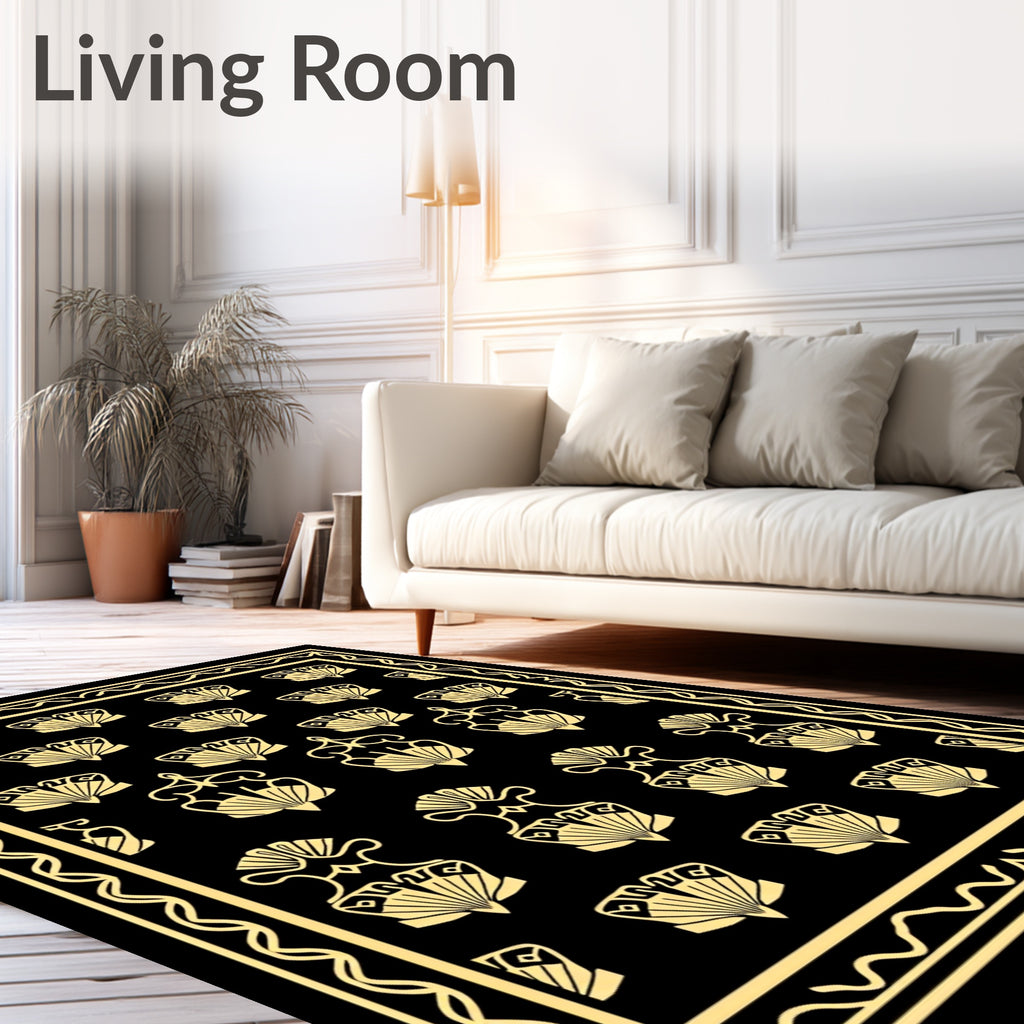 Elegant Fan Motif Black Gold Rug