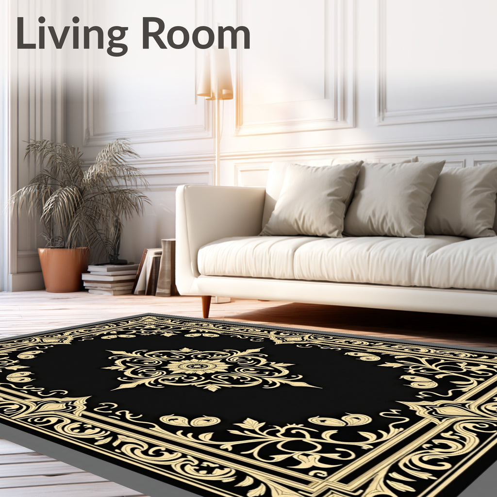 Ornate Floral Medallion Black Gold Rug