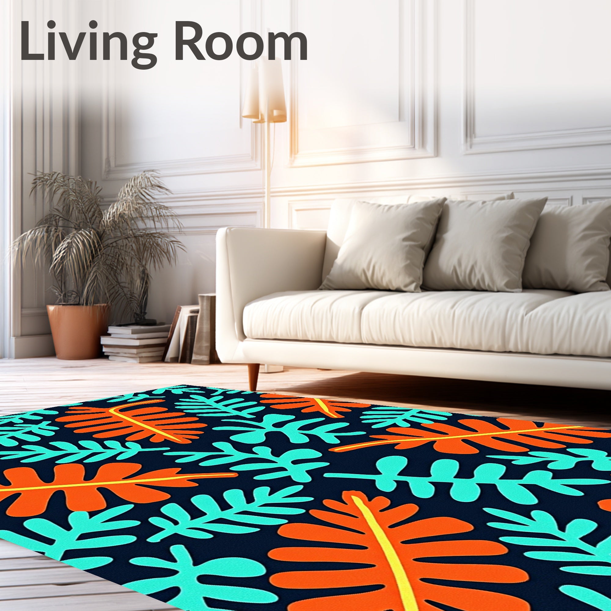Vibrant Orange Aqua Leafy Collage Rug