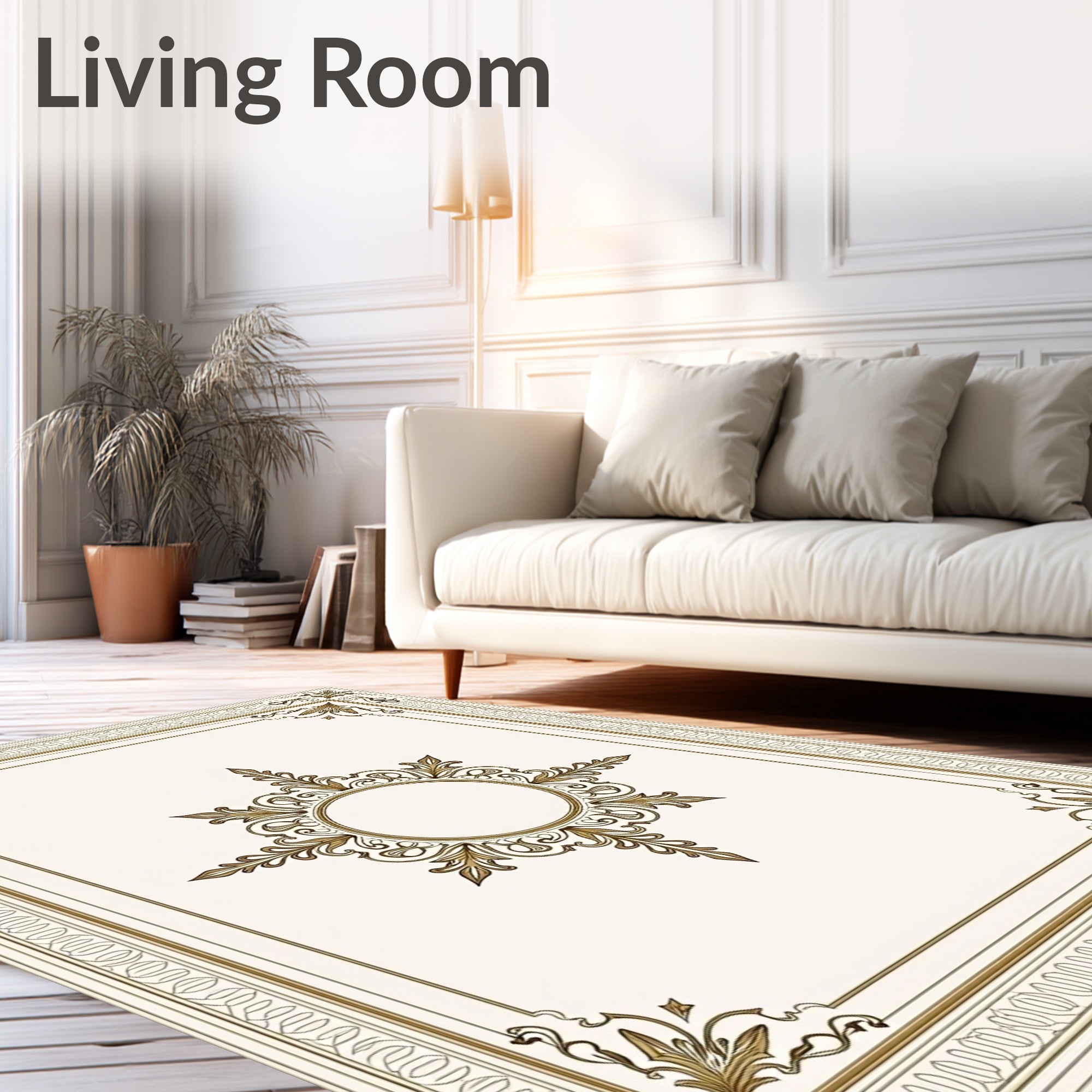 Ornate Gold Cream Floral Medallion Rug