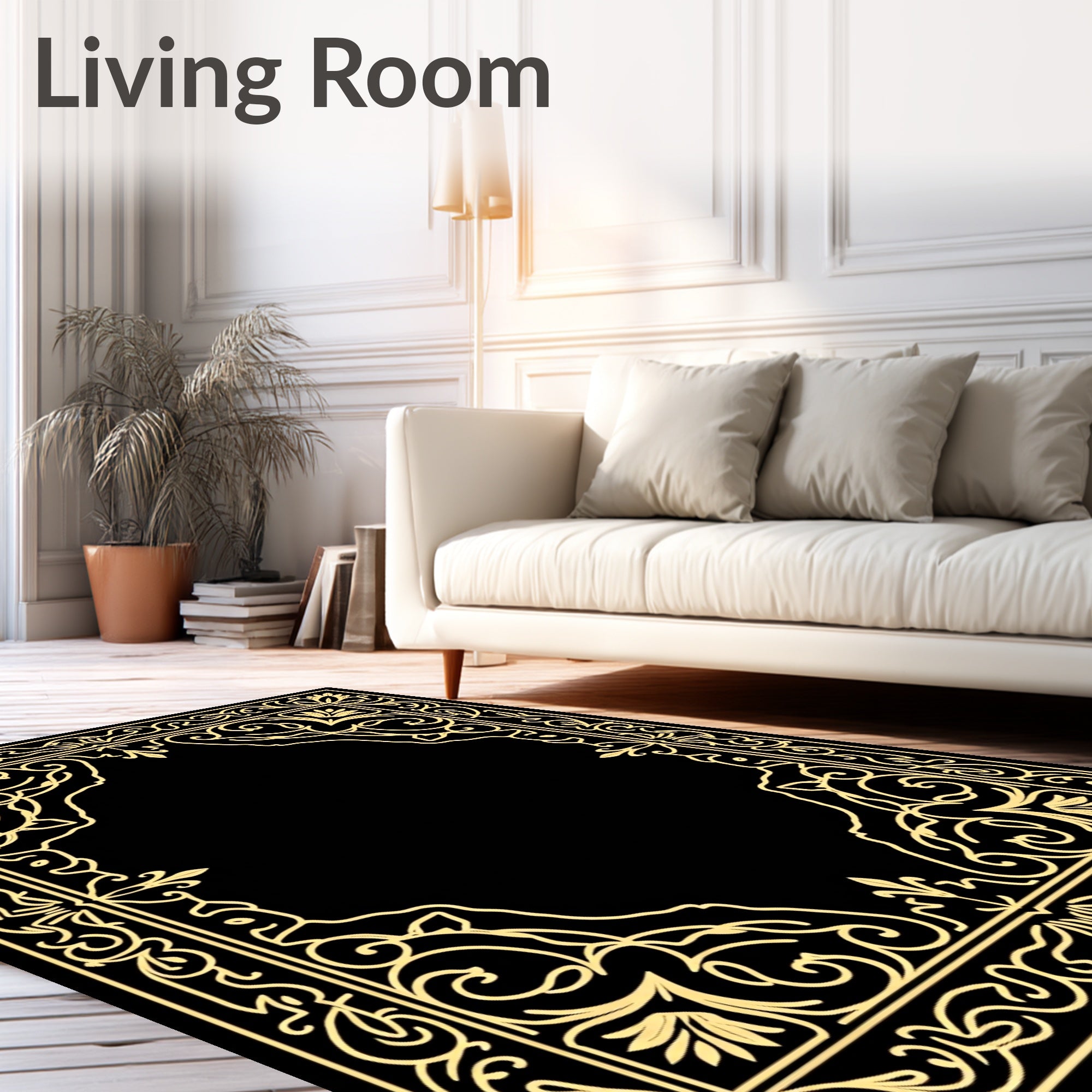 Elegant Golden Vintage Scroll Border Rug