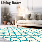 Teal Geometric Lattice Over Cream Rug