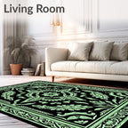 Ornate Floral Medallion Black Green Design Rug