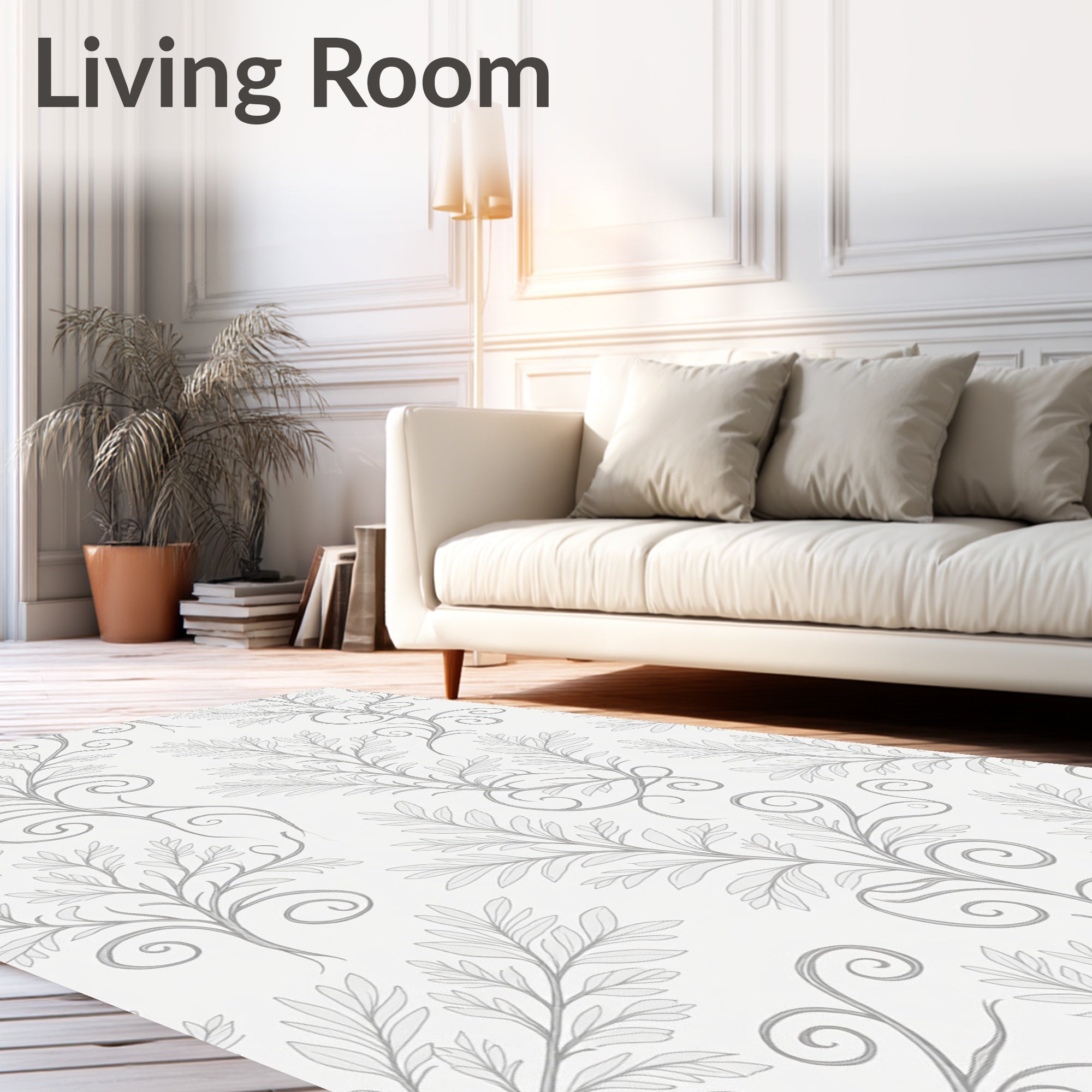 Elegant Gray Leafy Swirl Pattern Rug