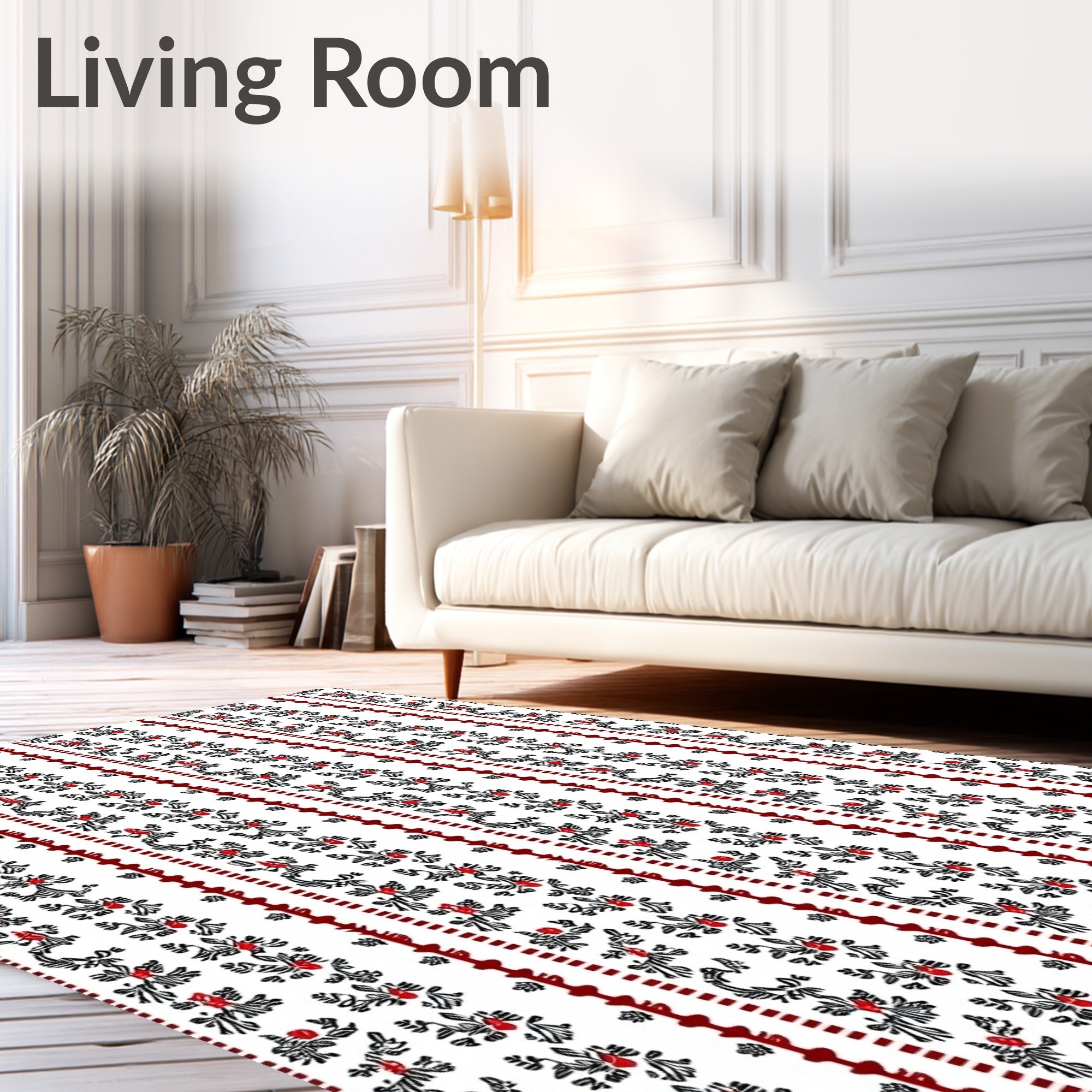 Red Black Floral Stripe Pattern Rug