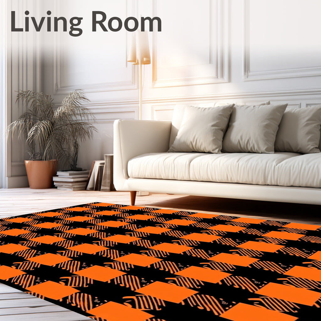 Bold Orange Black Checkered Pattern Rug
