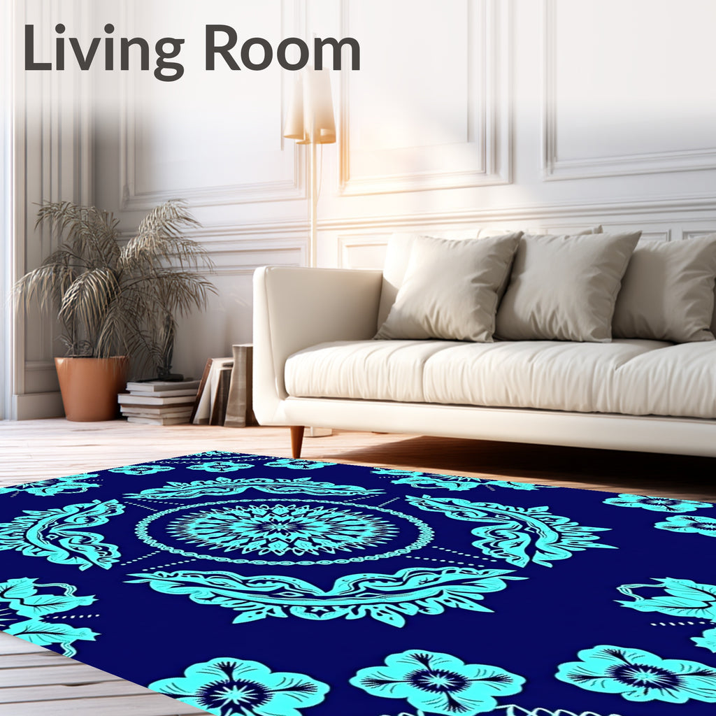 Cyan Floral Mandala Pattern Rug