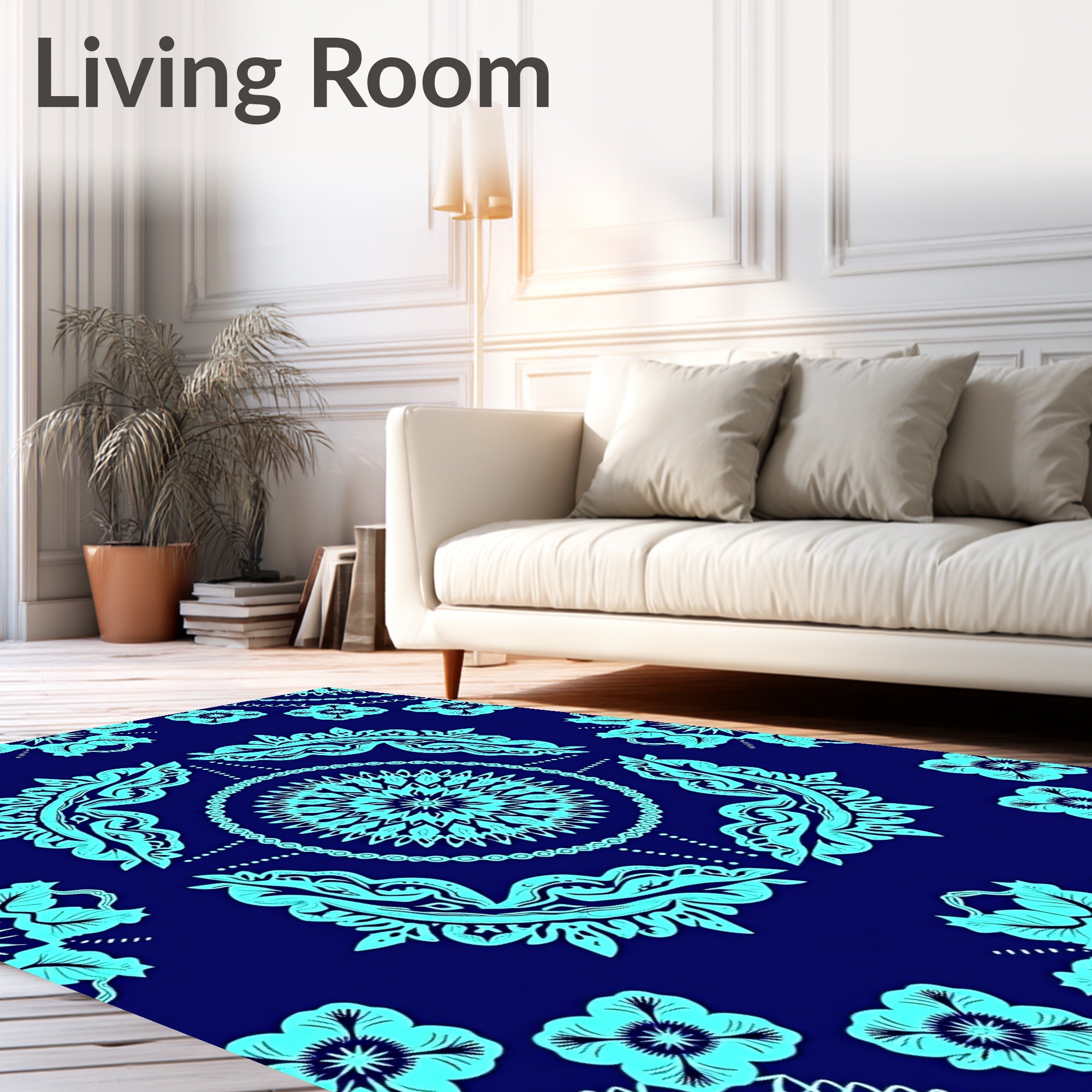 Cyan Floral Mandala Pattern Rug