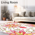 Pink Yellow Floral Scroll Pattern Rug