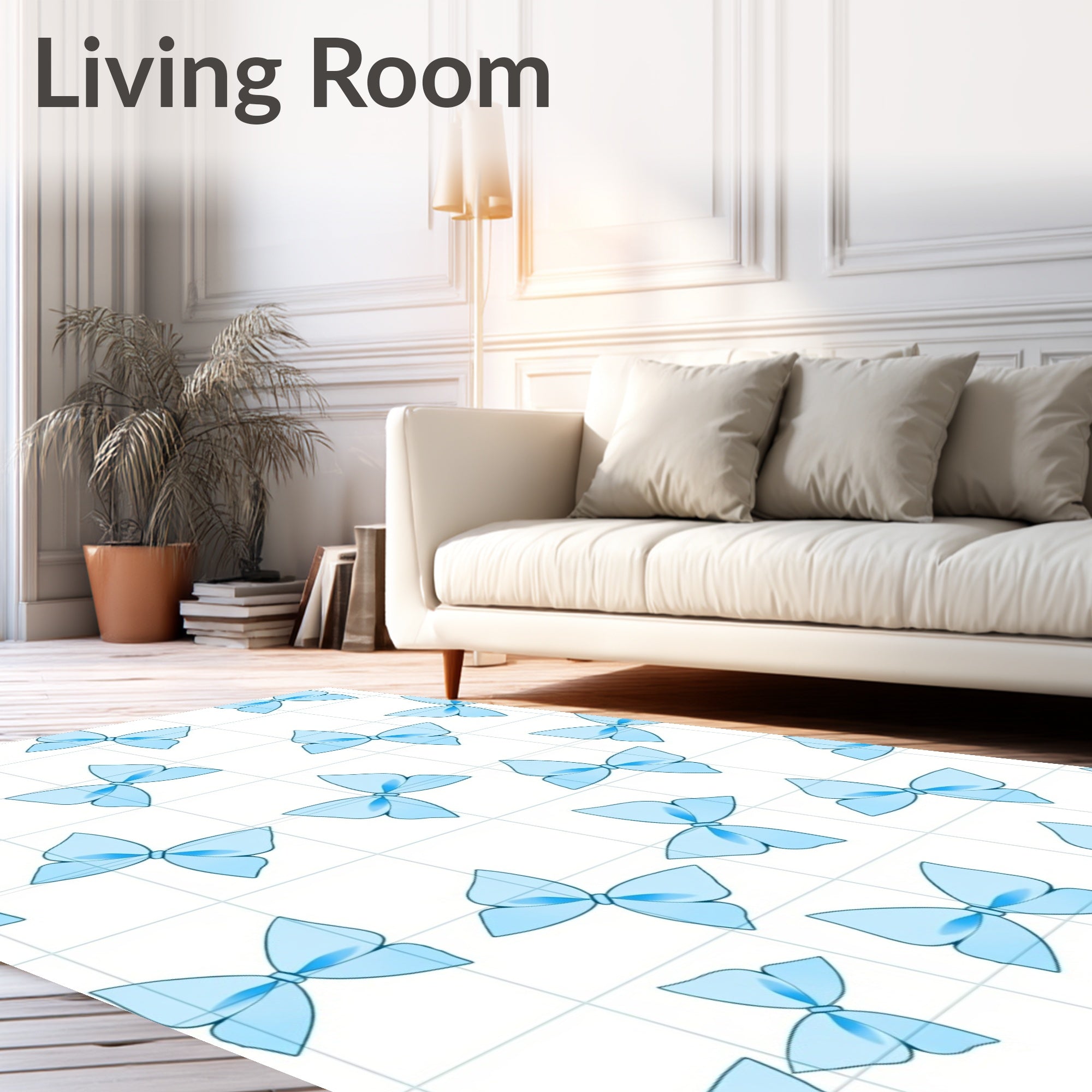 Light Blue Bow Pattern on Grid Rug