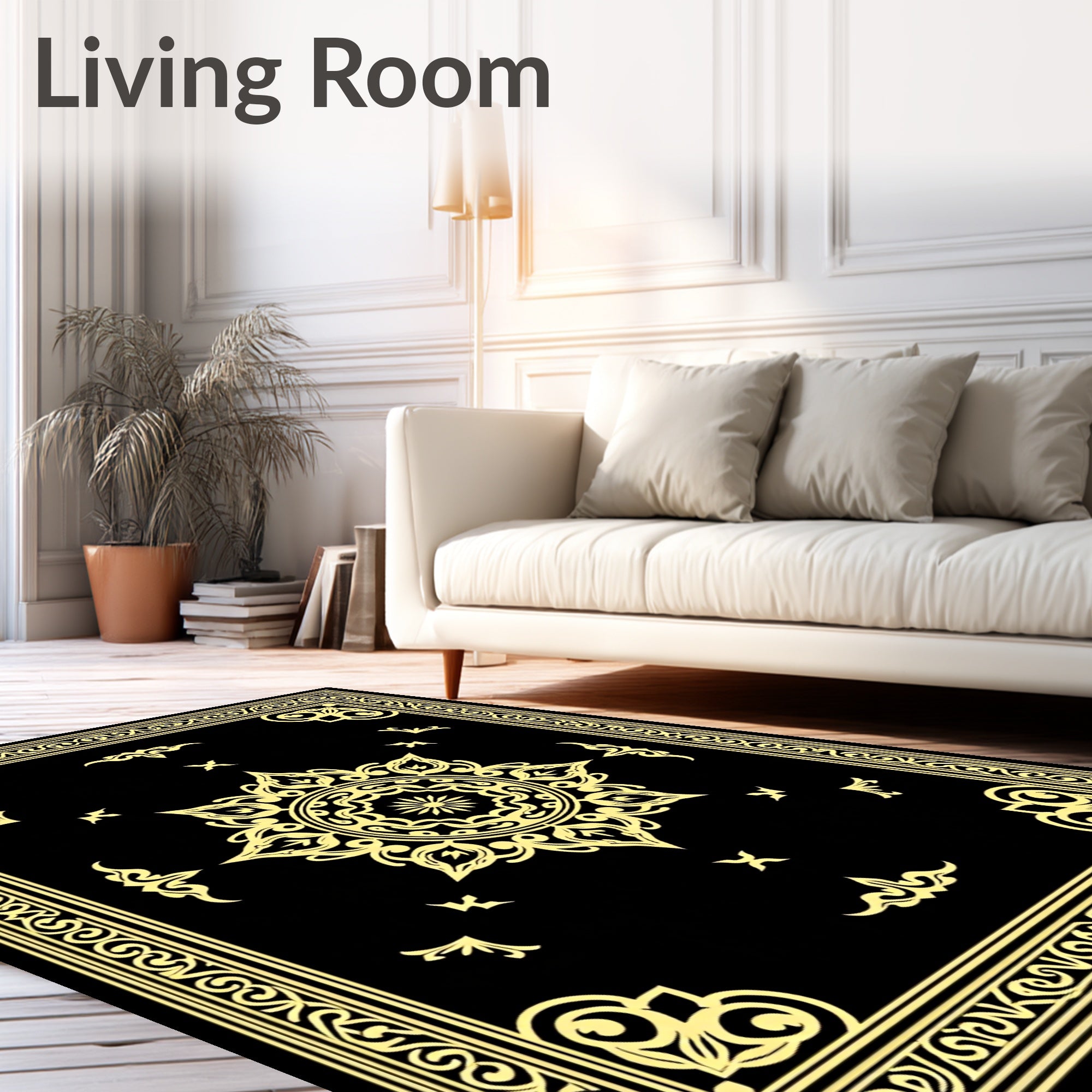Ornate Black Gold Mandala Rug