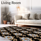 Ornate Blue Gold Damask Pattern Rug