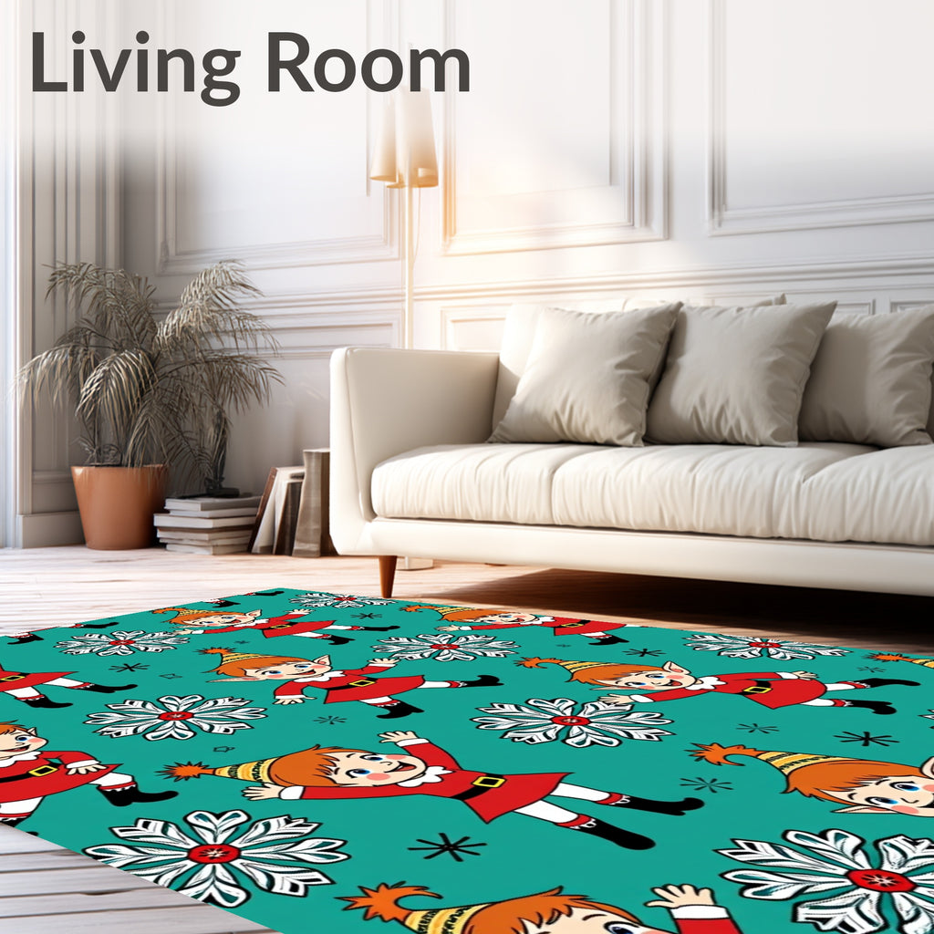Holiday Elves And Snowflakes Teal And Red Rug