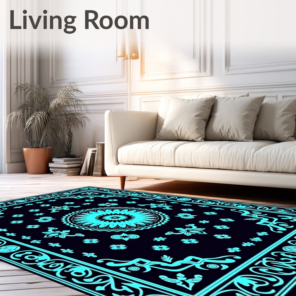 Cyan Floral Mandala Border Rug
