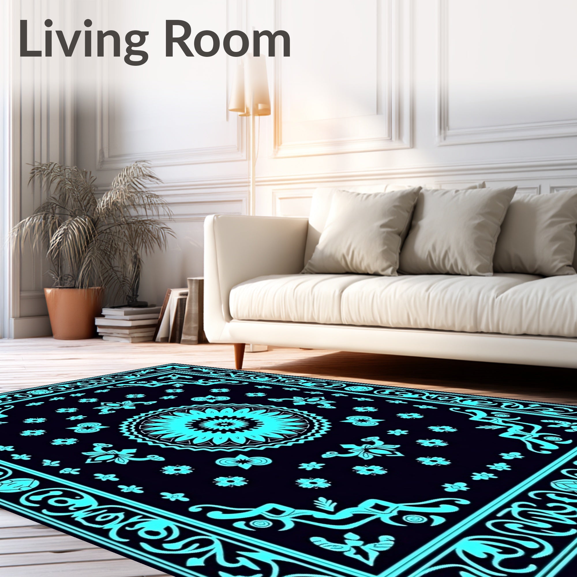Cyan Floral Mandala Border Rug