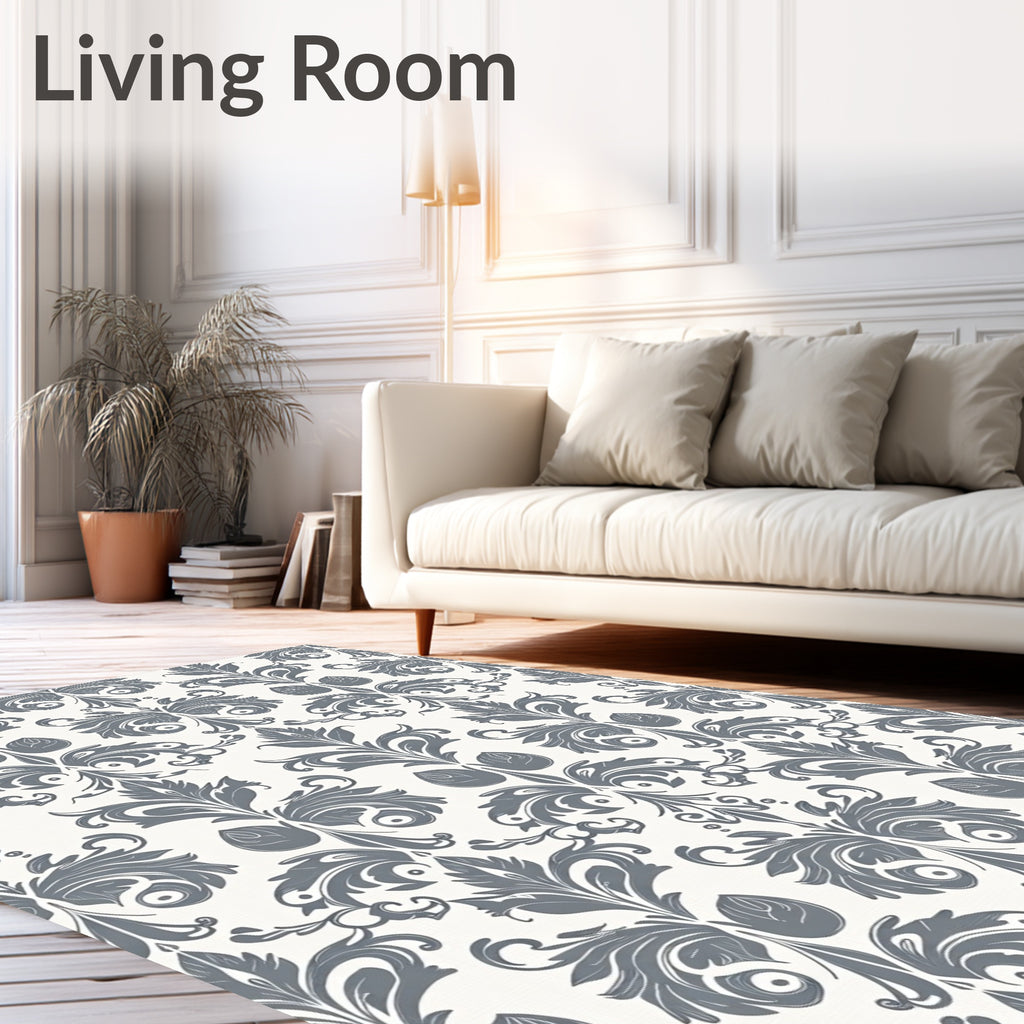 Classic Grey Damask Floral Pattern Rug