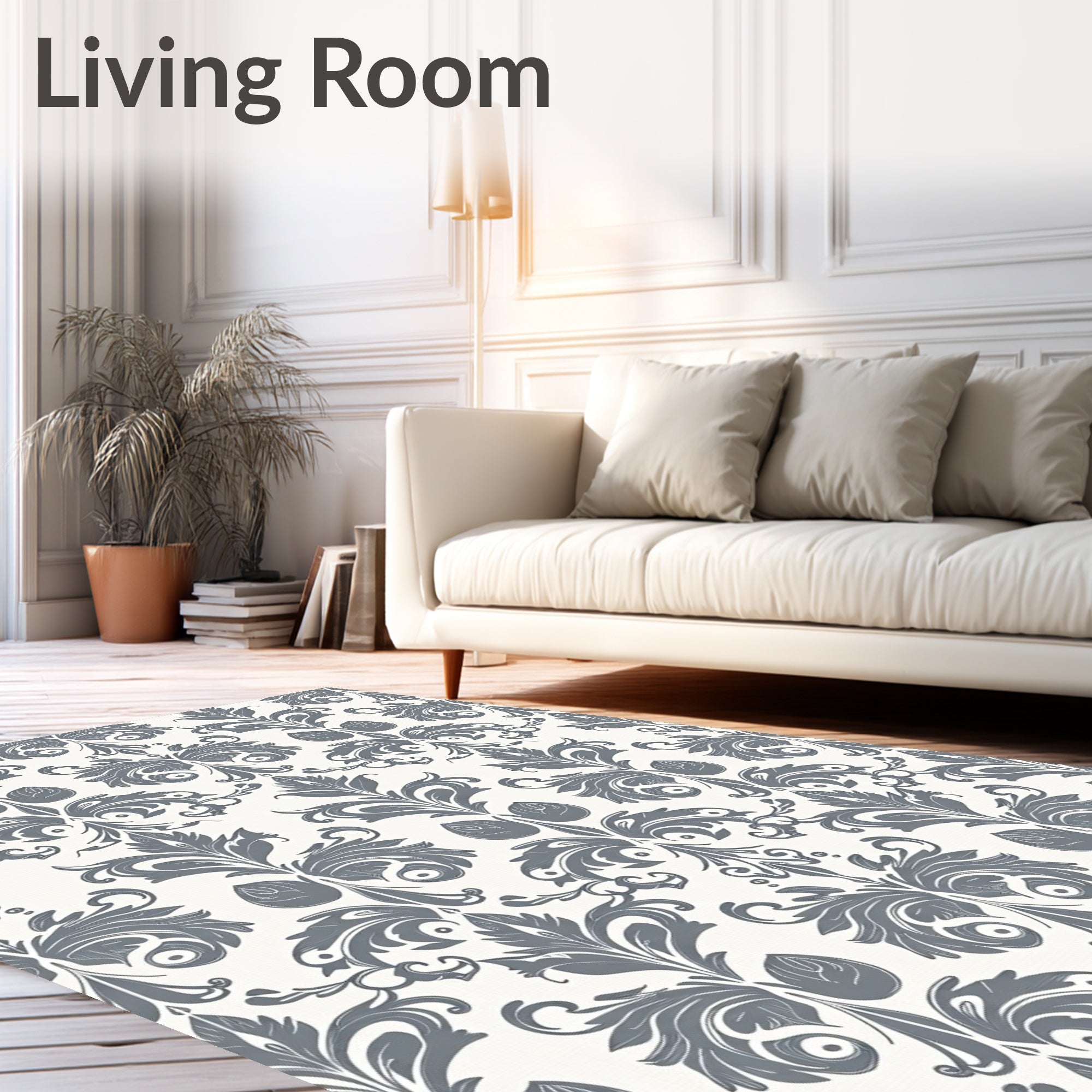 Classic Grey Damask Floral Pattern Rug
