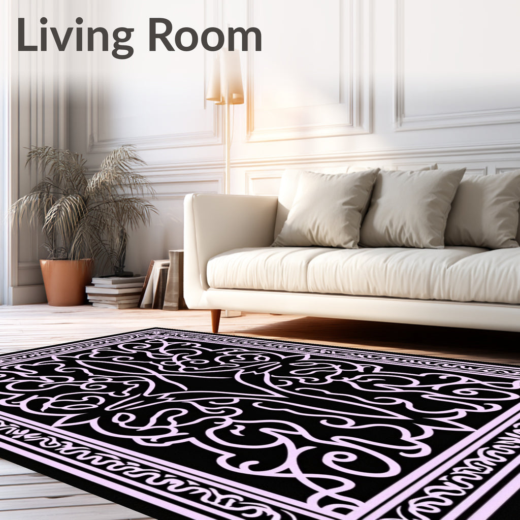 Elegant Scrollwork Black Pink Rug