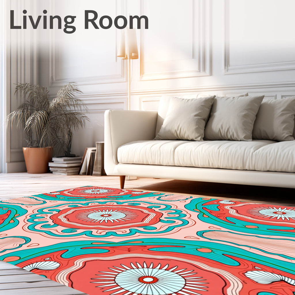 Coral Teal Abstract Sunburst Pattern Rug