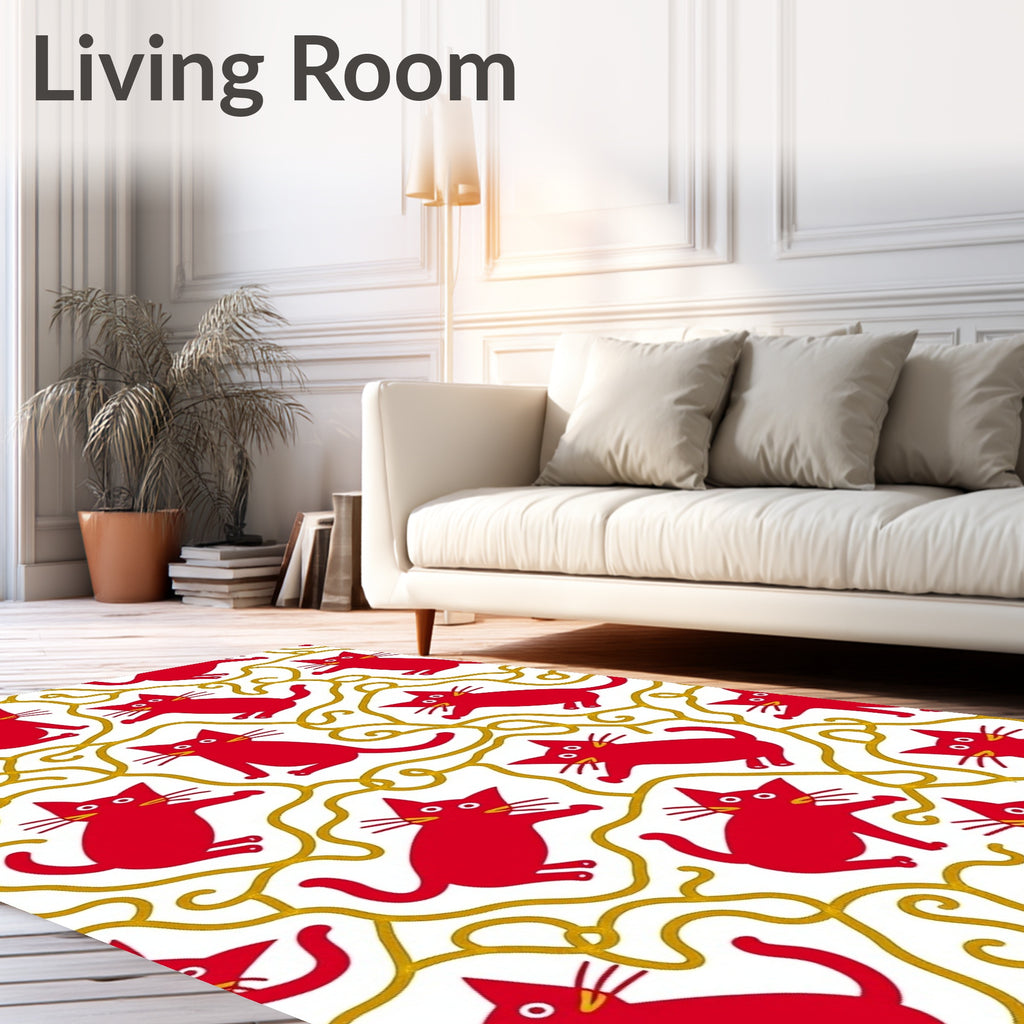 Playful Red Cats Gold Swirl Pattern Rug