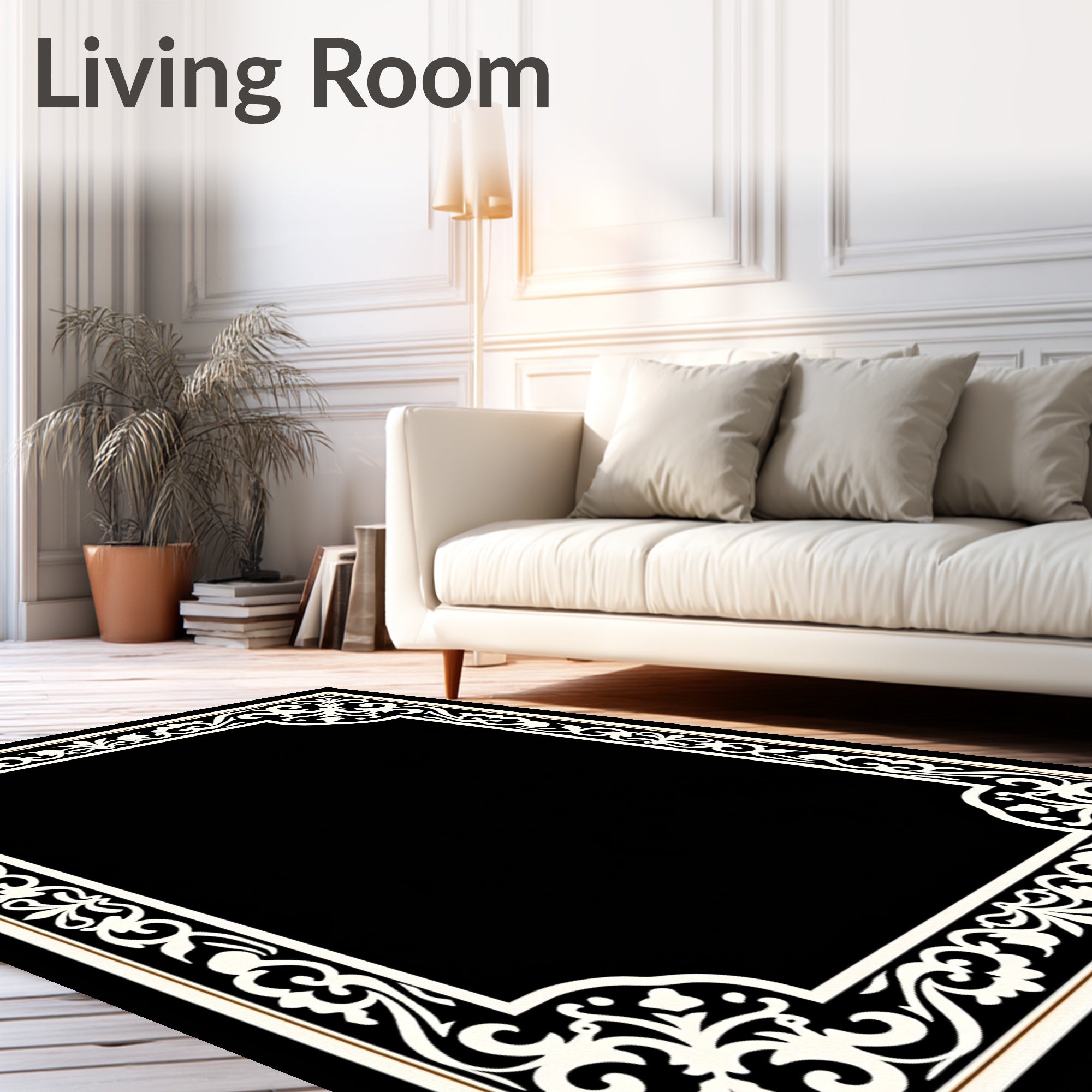 Elegant Floral Swirl Decorative Border Rug