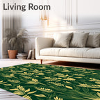 Golden Leaf Patterned Deep Green Rug