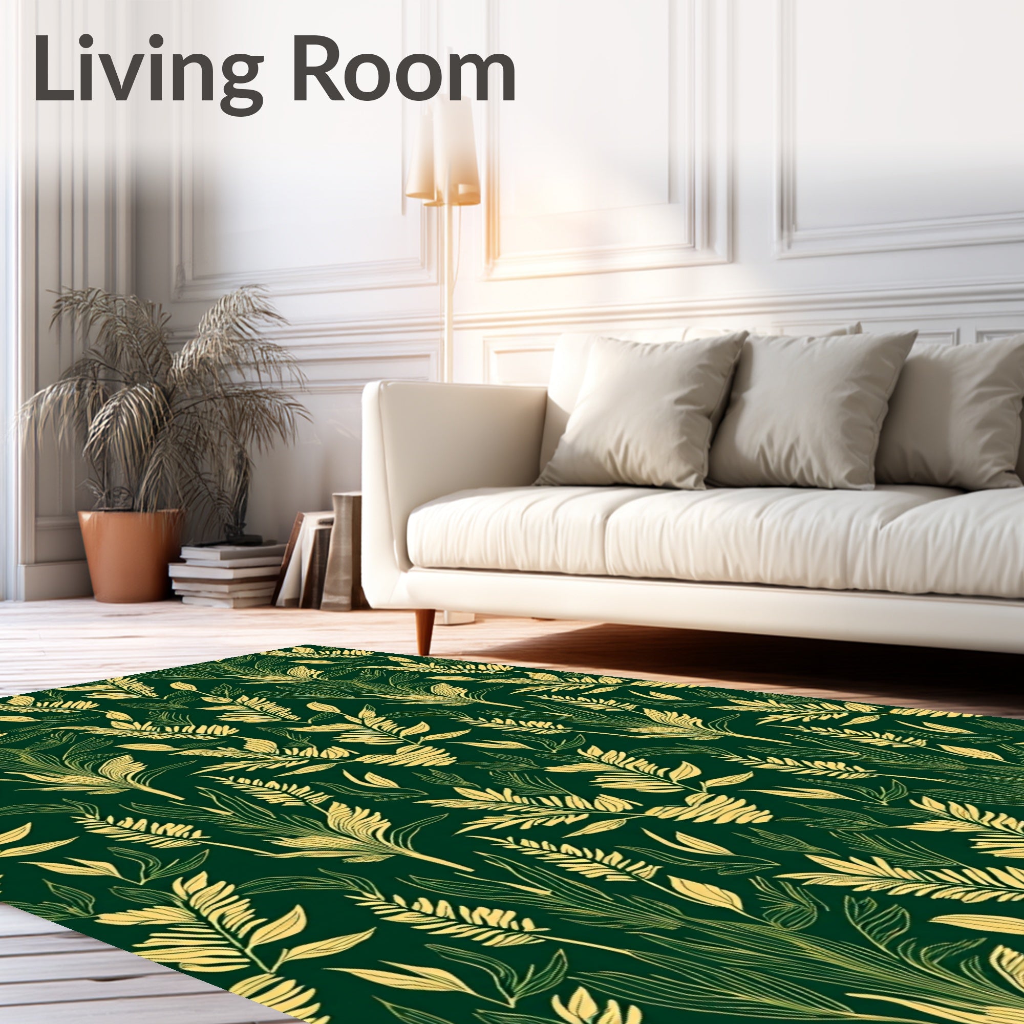 Golden Leaf Patterned Deep Green Rug