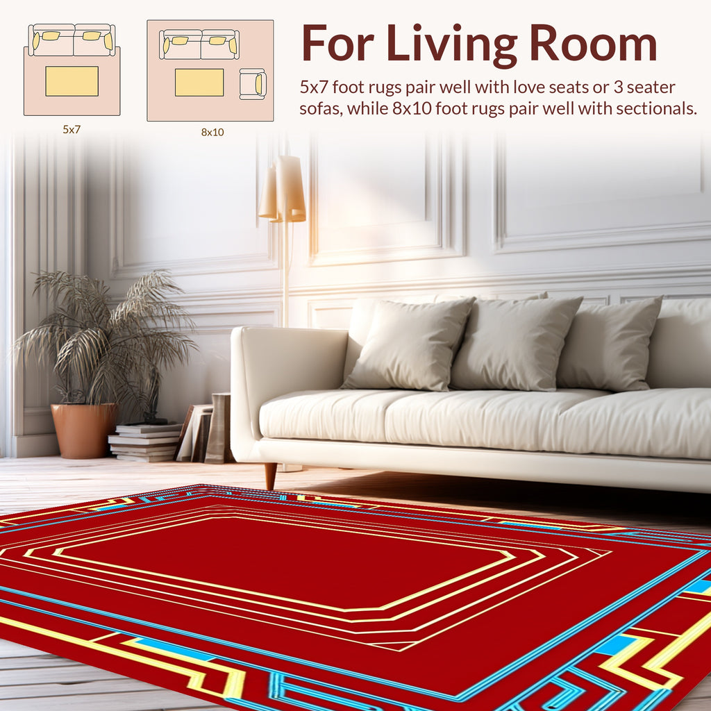 Red Gold Blue Geometric Border Pattern Rug