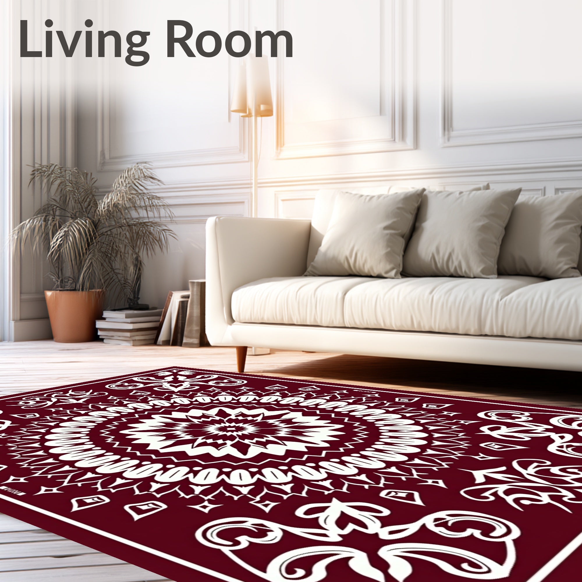 Crimson White Intricate Floral Mandala Pattern Rug