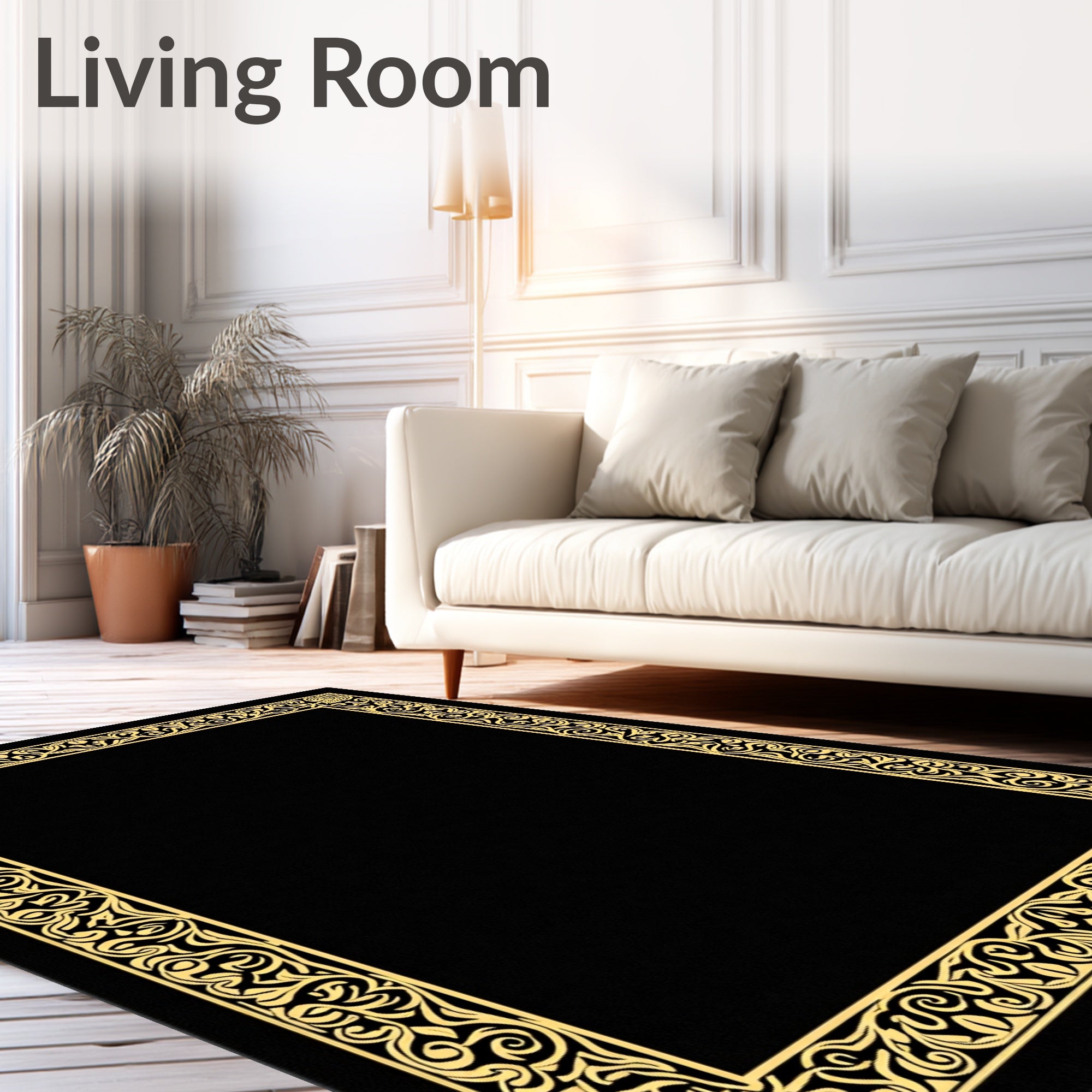 Ornate Gold Scrollwork Black Border Rug