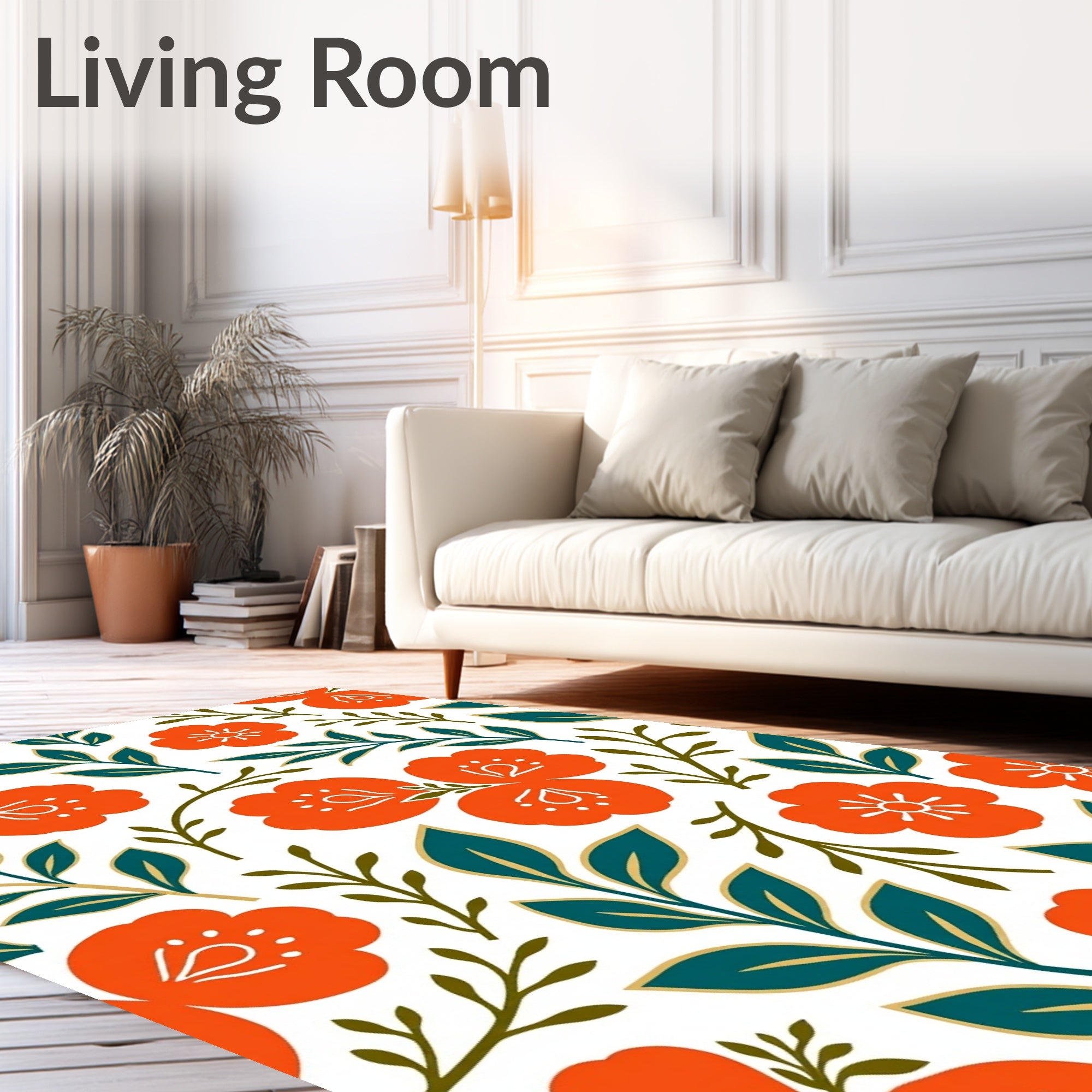 Orange Floral Botanical Pattern Rug