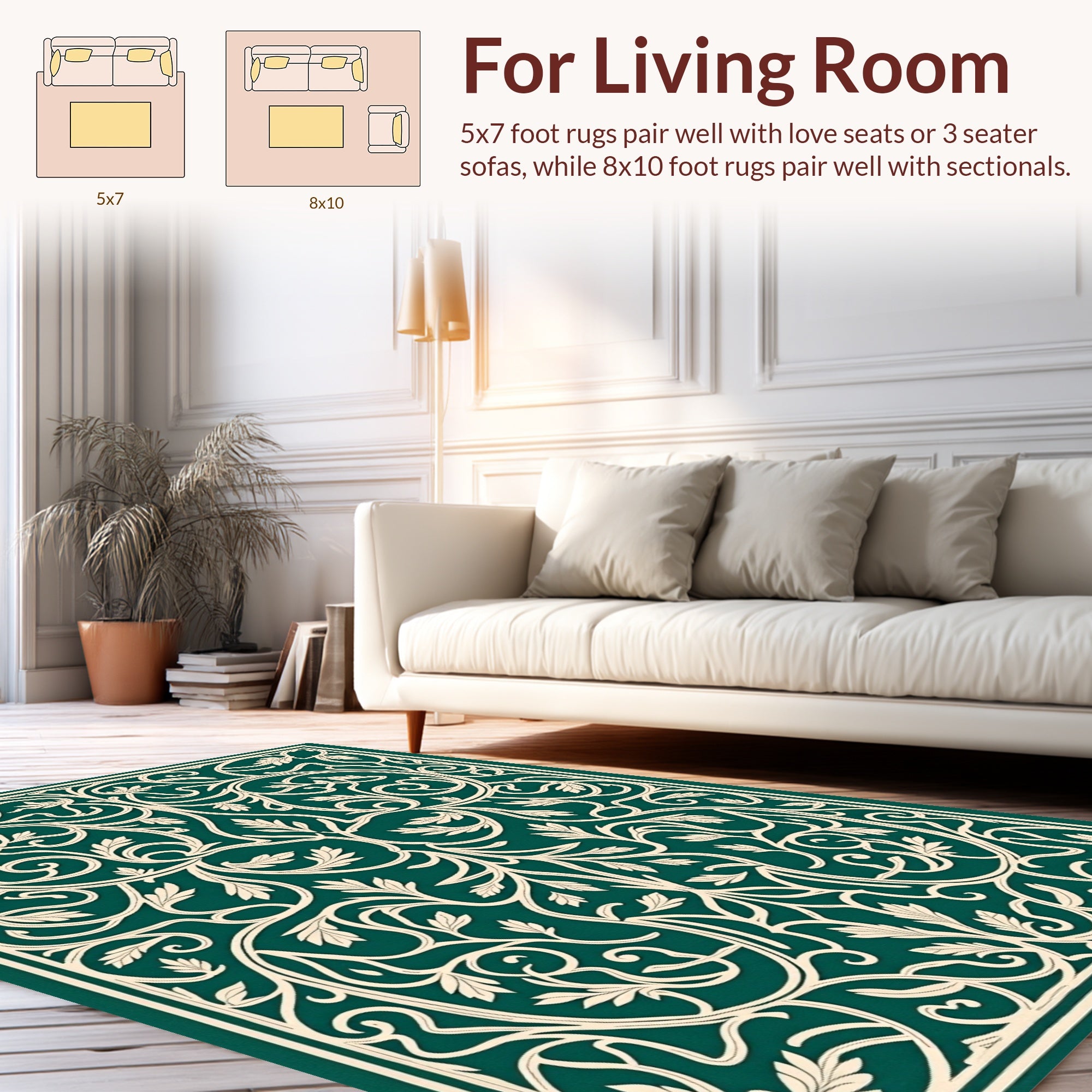 Elegant Ivory Leaf Scroll Design Rug