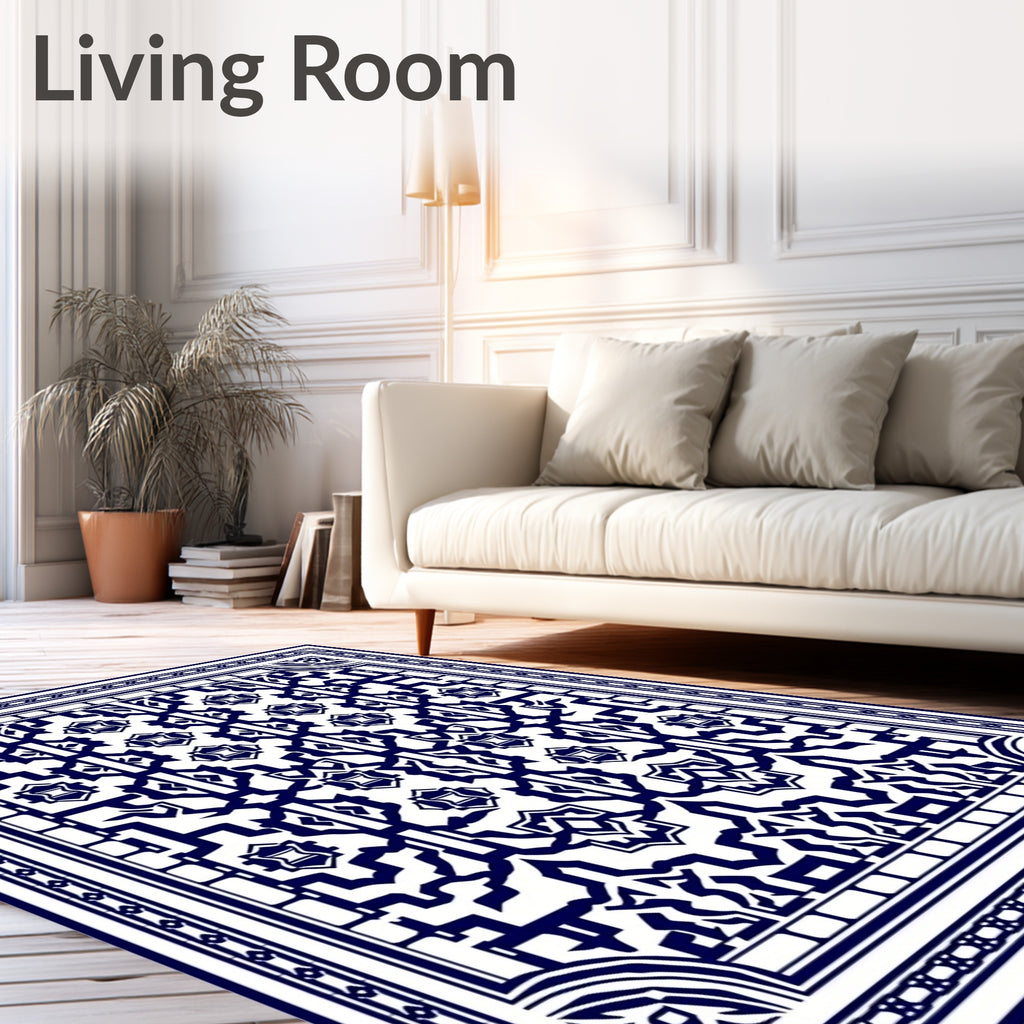 Intricate Navy White Geometric Pattern Rug