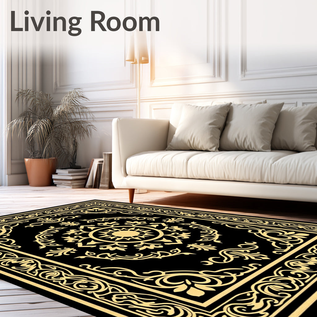 Elegant Black Gold Floral Pattern Rug