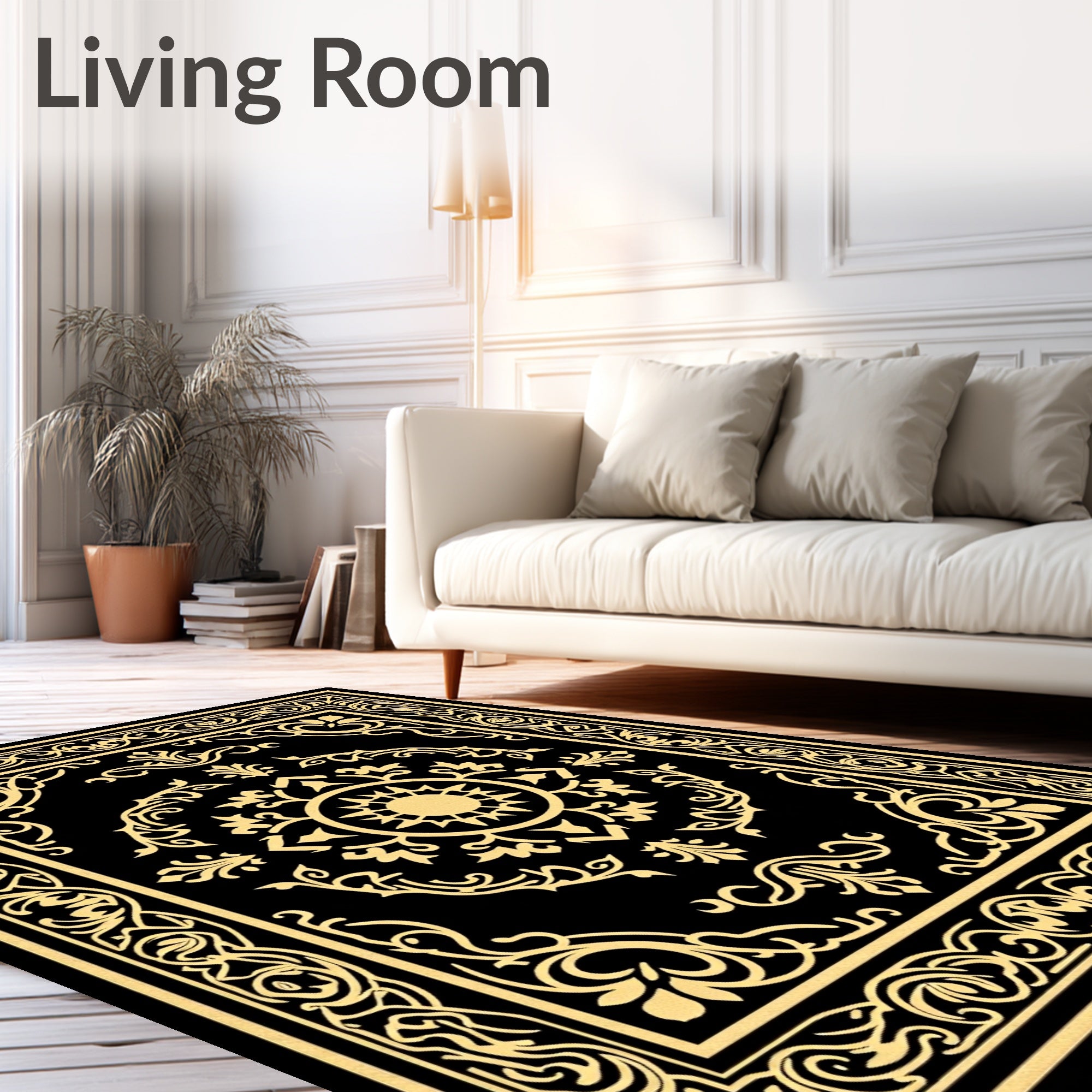 Elegant Black Gold Floral Pattern Rug
