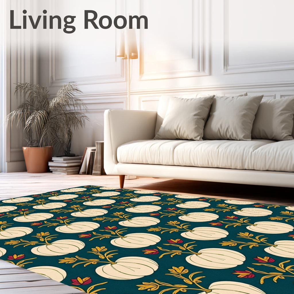 Cream Pumpkin Floral Teal Pattern Rug