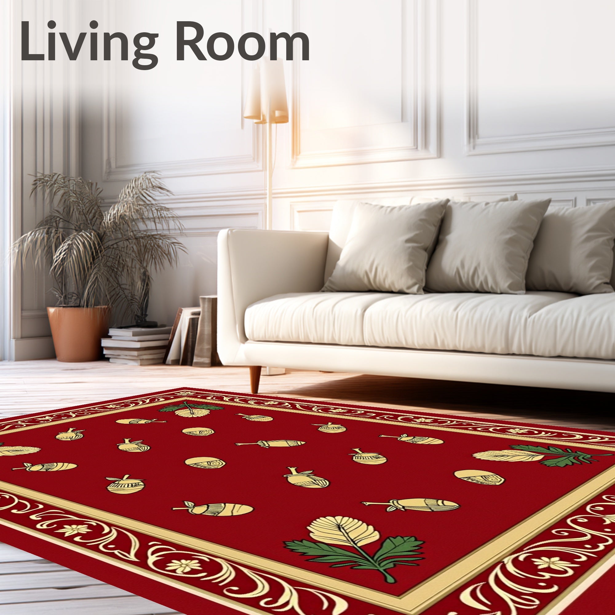 Gold Acorn Botanical Border Design Rug