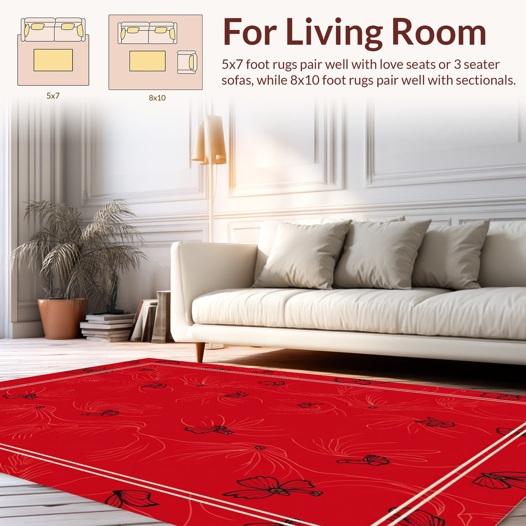Vibrant Red Floral Butterfly Pattern Design Rug