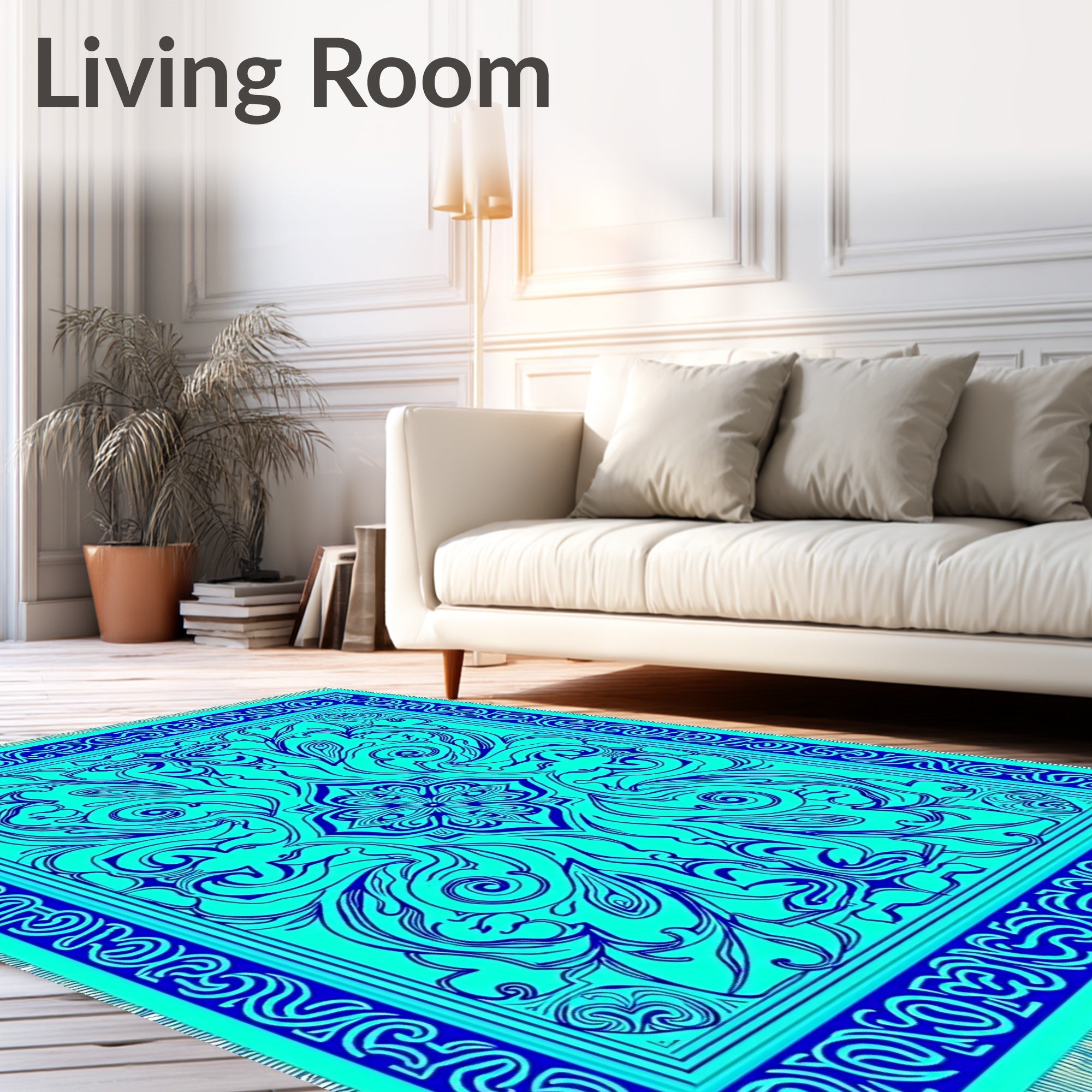 Intricate Cyan Floral Art Deco Rug