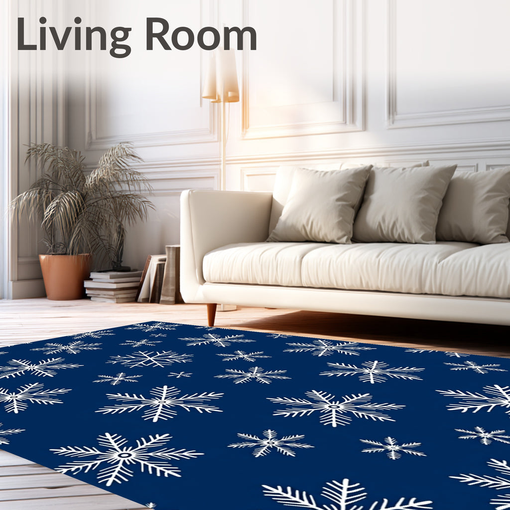 White Snowflake Patterned Dark Blue Rug