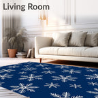 White Snowflake Patterned Dark Blue Rug