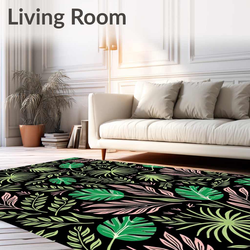 Tropical Pink Green Leafy Black Rug