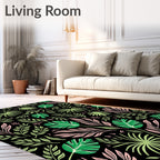 Tropical Pink Green Leafy Black Rug