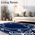 Navy White Ornate Scrollwork Arabesque Rug