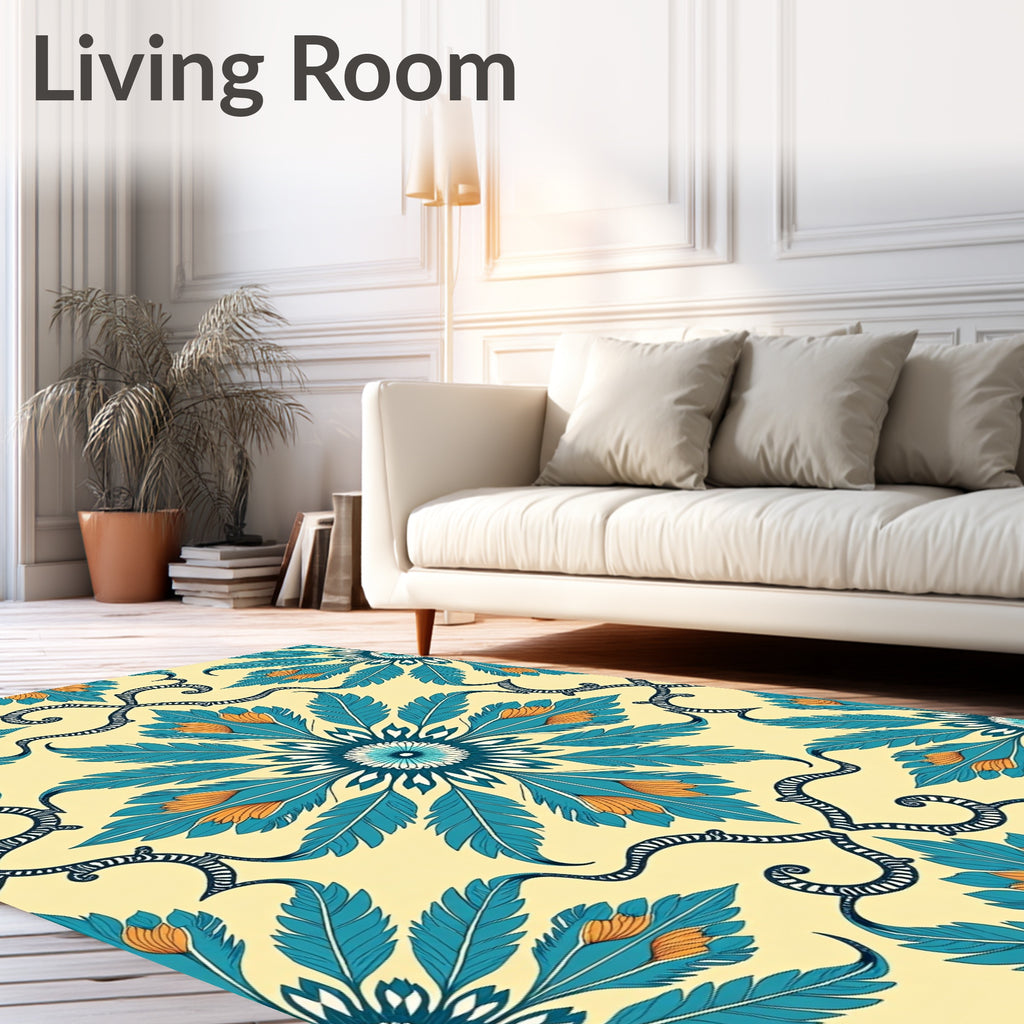 Blue Orange Floral Medallion Pattern Rug
